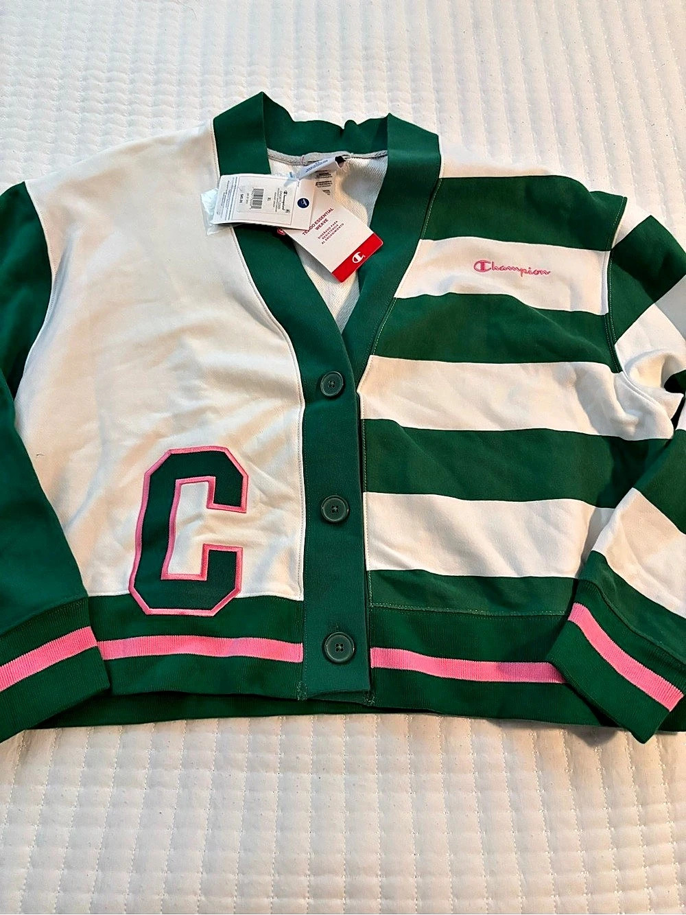 Champion Collegiate Striped Cardigan Varsity Jacket Green & White XL